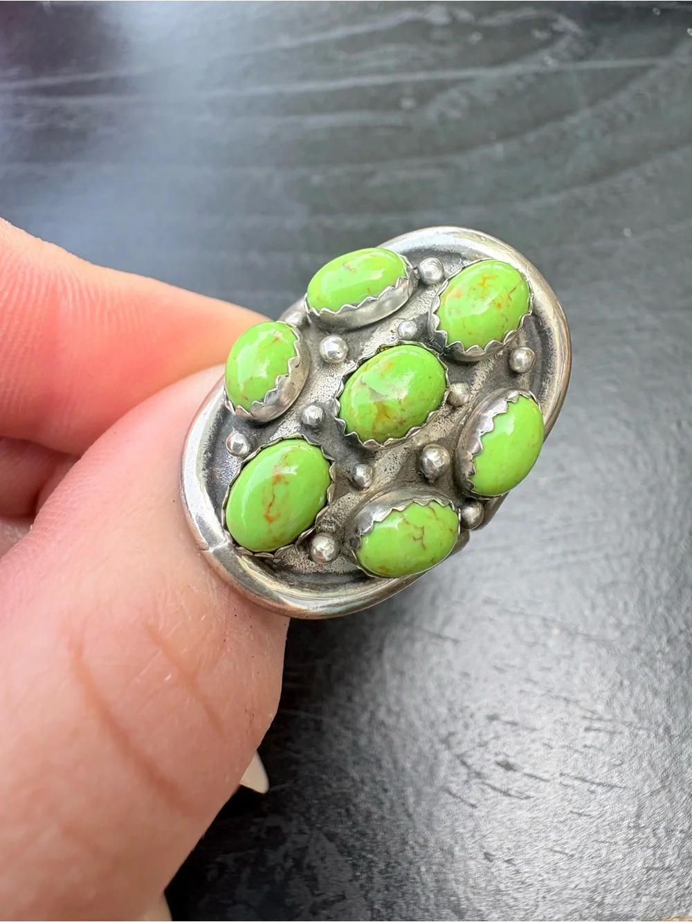 Vintage Sterling Silver Green Turquoise Cluster Ring  - Size 8.25